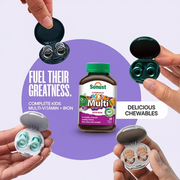 This 1:1 square ad creative showcases a bottle of Sonust kids multi-vitamin surrounded by hands holding open earplug-style cases, emphasizing a 'fuel their greatness' message.